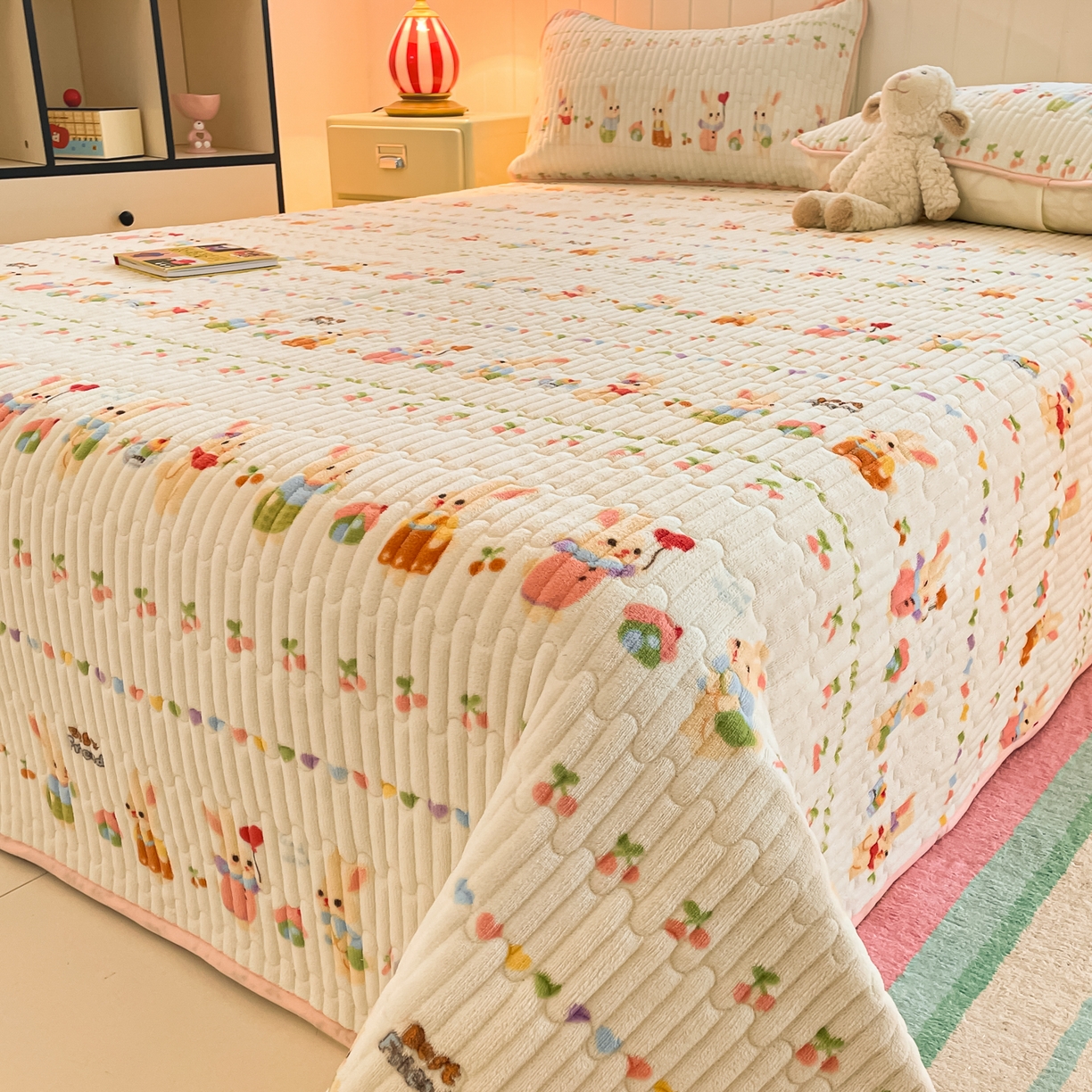 91家纺网 家纺一手货源 找家纺 贝扬思家纺 2025新款高克重牛奶绒豆豆被套床盖四件套-悦心系列 悦心-小兔派对