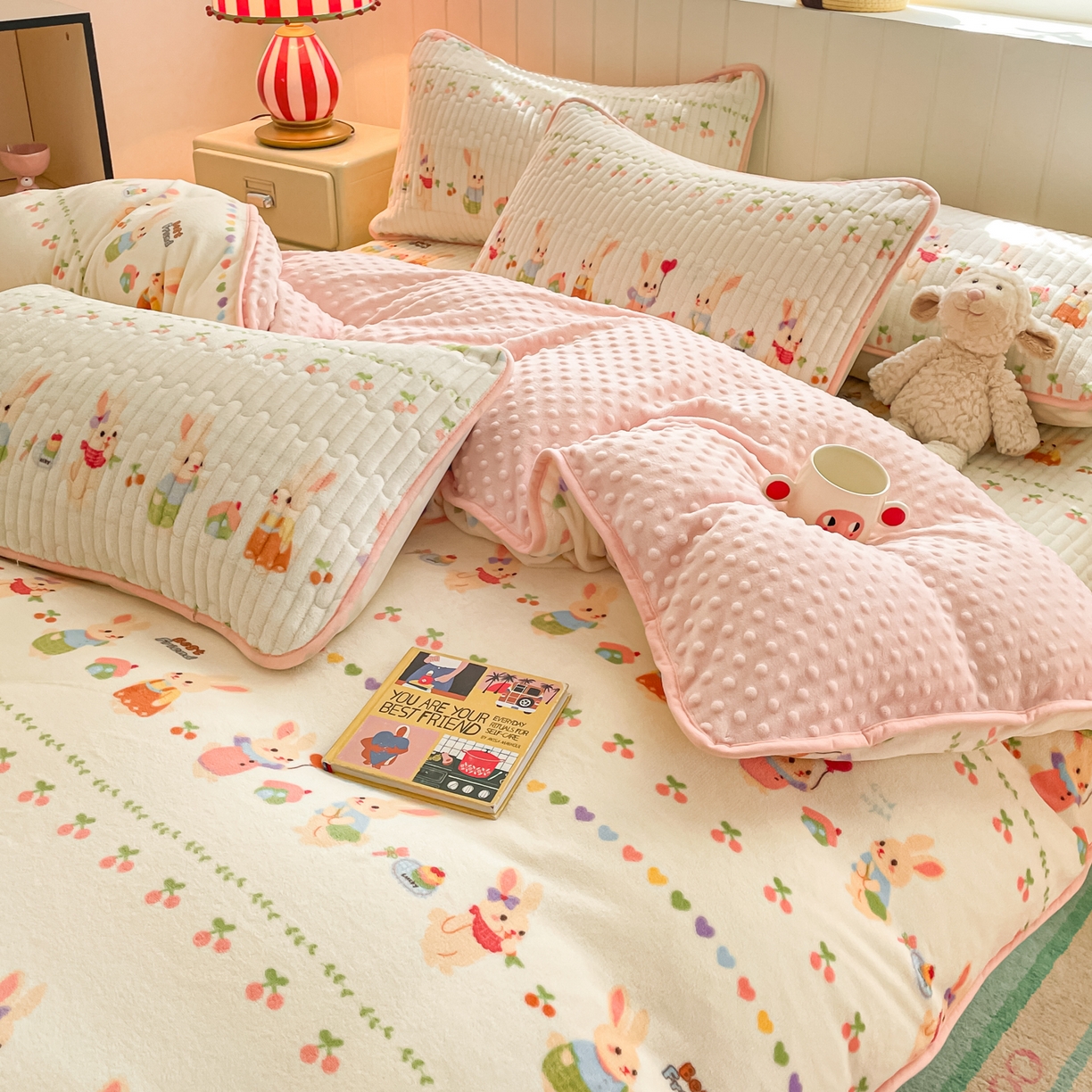 91家纺网 家纺一手货源 找家纺 贝扬思家纺 2025新款高克重牛奶绒豆豆被套床盖四件套-悦心系列 悦心-小兔派对