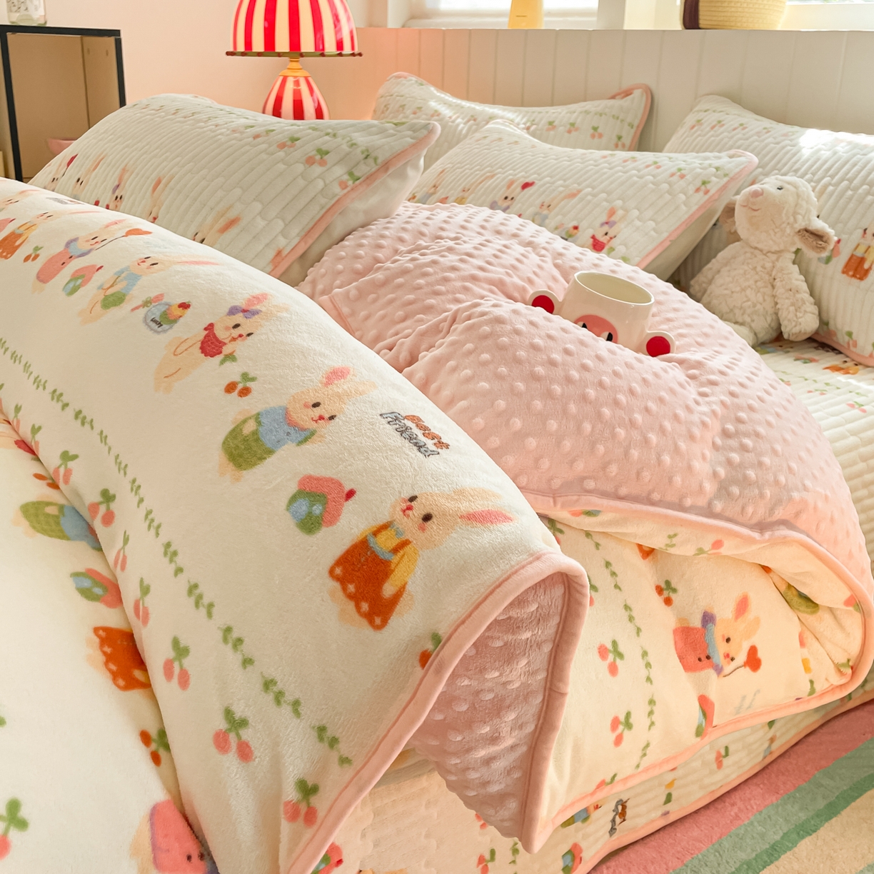 91家纺网 家纺一手货源 找家纺 贝扬思家纺 2025新款高克重牛奶绒豆豆被套床盖四件套-悦心系列 悦心-小兔派对