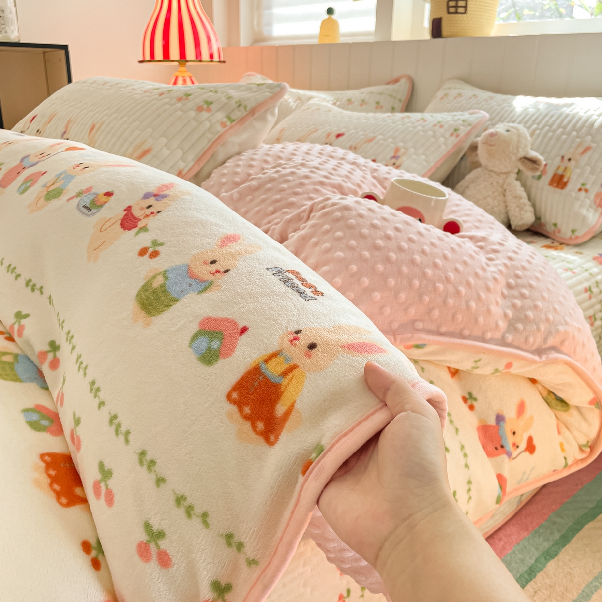 91家纺网 家纺一手货源 找家纺 贝扬思家纺 2025新款高克重牛奶绒豆豆被套床盖四件套-悦心系列 悦心-小兔派对