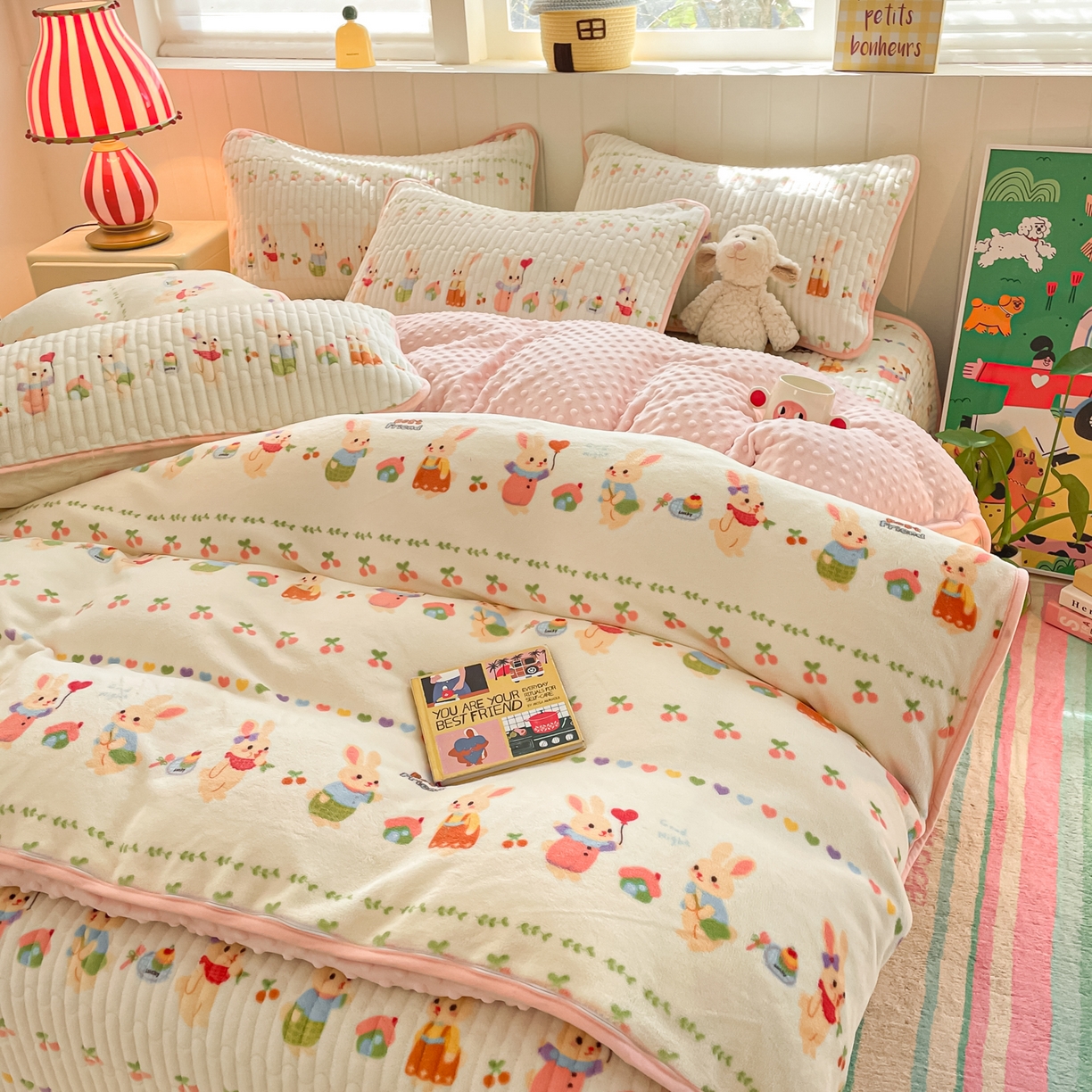 91家纺网 家纺一手货源 找家纺 贝扬思家纺 2025新款高克重牛奶绒豆豆被套床盖四件套-悦心系列 悦心-小兔派对