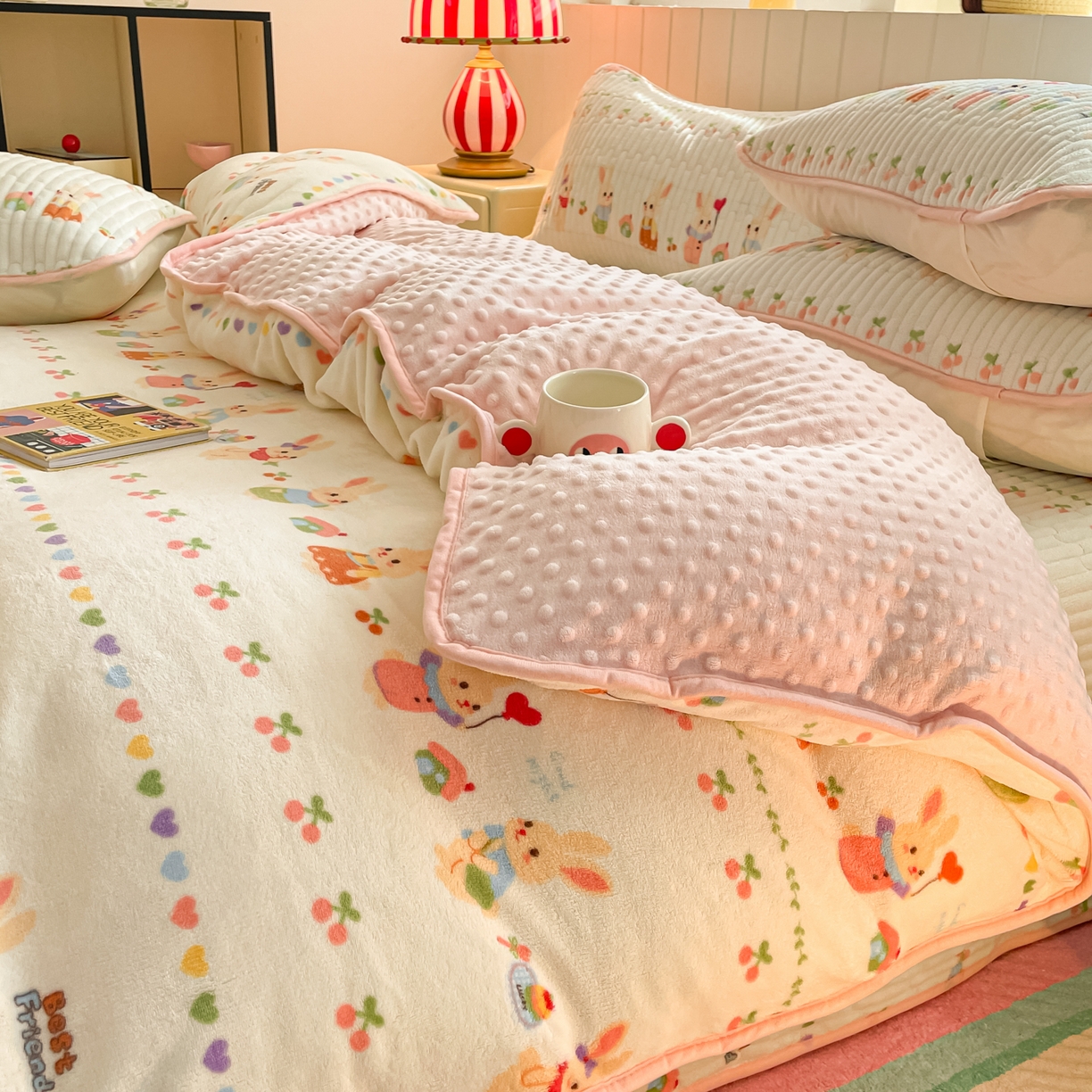 91家纺网 家纺一手货源 找家纺 贝扬思家纺 2025新款高克重牛奶绒豆豆被套床盖四件套-悦心系列 悦心-小兔派对