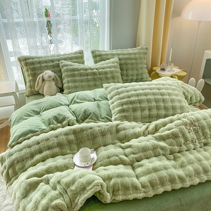 91家纺网 家纺一手货源 找家纺 潮邦创意家居 2025新款小米兔泡泡兔绒保暖四件套 米兔绿