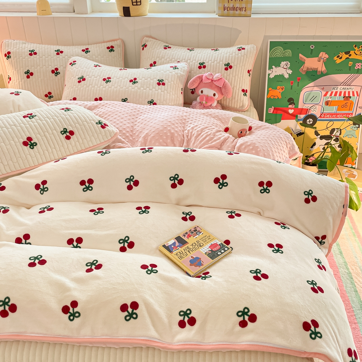 贝扬思家纺 2025新款高克重牛奶绒豆豆被套床盖四件套-悦心系列 悦心-一口樱桃