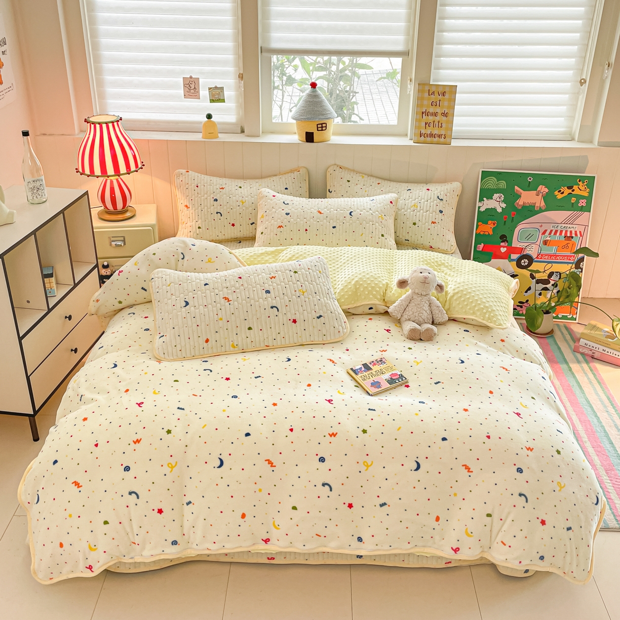 91家纺网 家纺一手货源 找家纺 贝扬思家纺 2025新款高克重牛奶绒豆豆被套床盖四件套-悦心系列 悦心-芝士酪