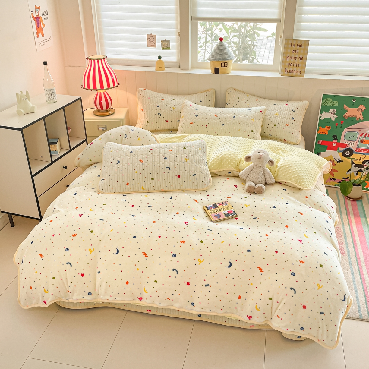 91家纺网 家纺一手货源 找家纺 贝扬思家纺 2025新款高克重牛奶绒豆豆被套床盖四件套-悦心系列 悦心-芝士酪