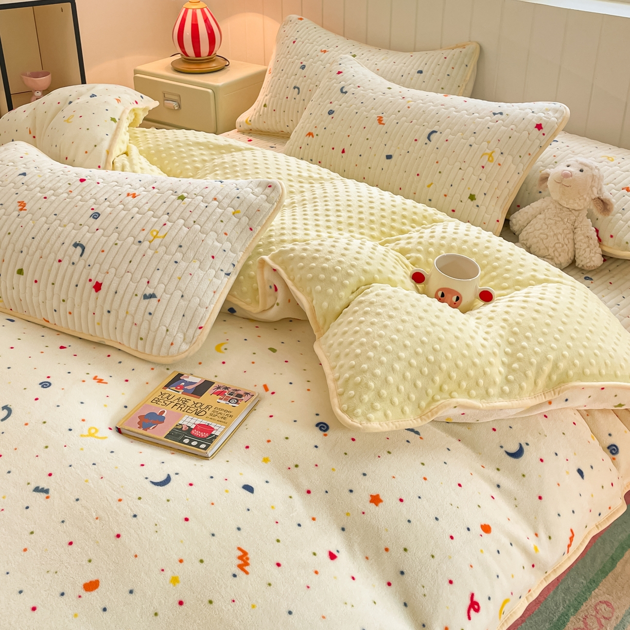 91家纺网 家纺一手货源 找家纺 贝扬思家纺 2025新款高克重牛奶绒豆豆被套床盖四件套-悦心系列 悦心-芝士酪