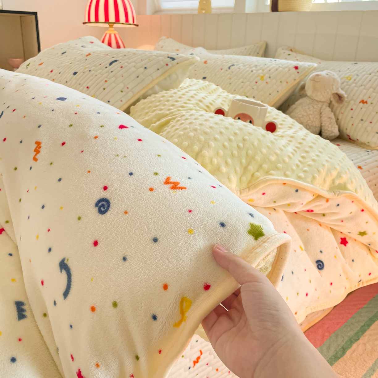 91家纺网 家纺一手货源 找家纺 贝扬思家纺 2025新款高克重牛奶绒豆豆被套床盖四件套-悦心系列 悦心-芝士酪