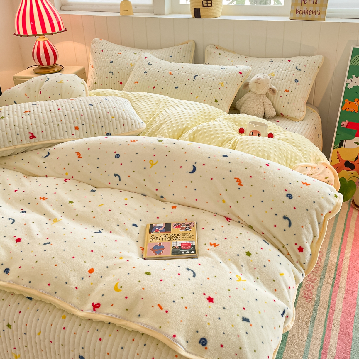 91家纺网 家纺一手货源 找家纺 贝扬思家纺 2025新款高克重牛奶绒豆豆被套床盖四件套-悦心系列 悦心-芝士酪