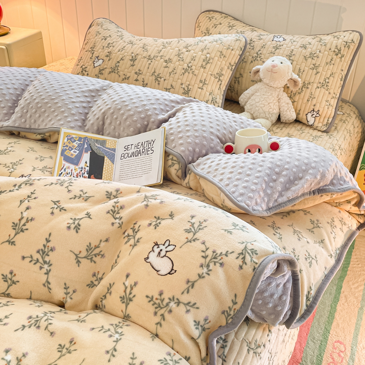 91家纺网 家纺一手货源 找家纺 贝扬思家纺 2025新款高克重牛奶绒豆豆被套床盖四件套-悦心系列 悦心-枝枝兔