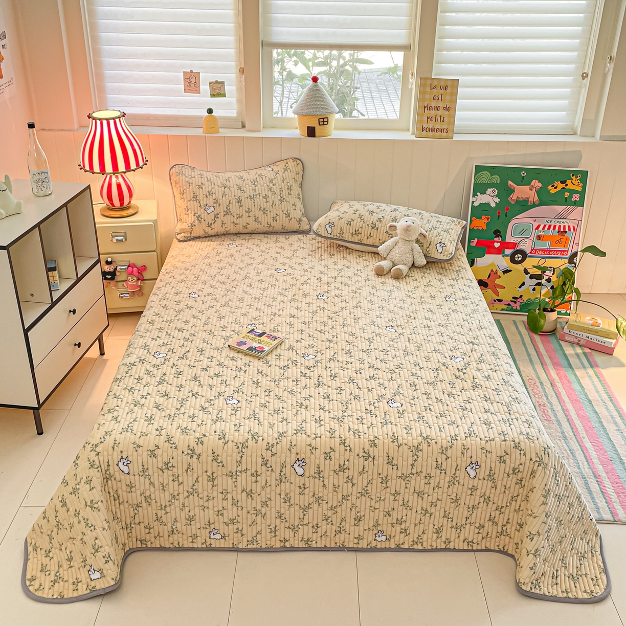 91家纺网 家纺一手货源 找家纺 贝扬思家纺 2025新款高克重牛奶绒豆豆被套床盖四件套-悦心系列 悦心-枝枝兔