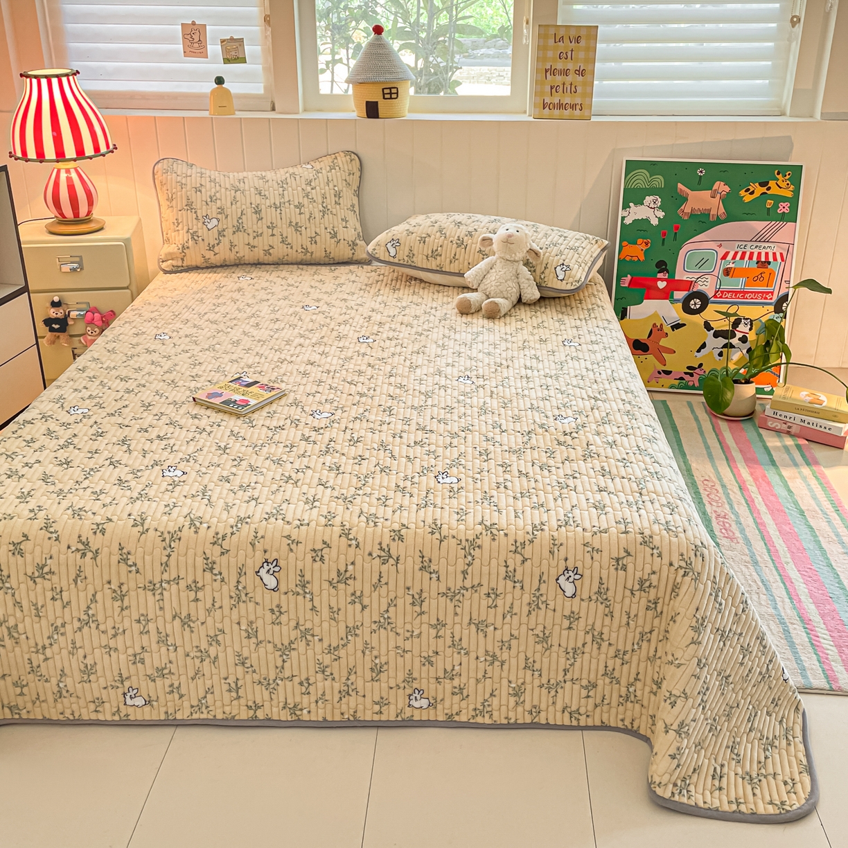 91家纺网 家纺一手货源 找家纺 贝扬思家纺 2025新款高克重牛奶绒豆豆被套床盖四件套-悦心系列 悦心-枝枝兔