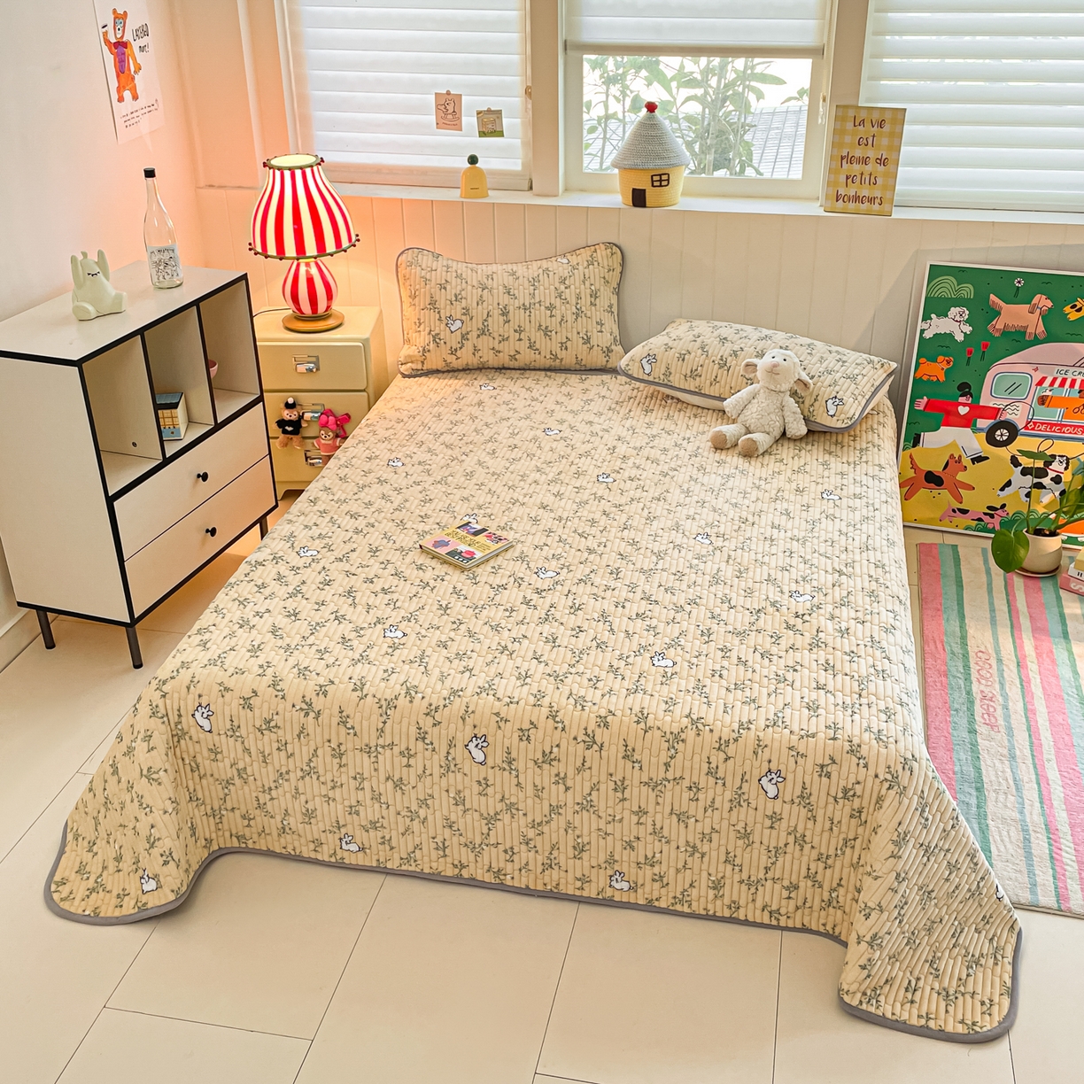 91家纺网 家纺一手货源 找家纺 贝扬思家纺 2025新款高克重牛奶绒豆豆被套床盖四件套-悦心系列 悦心-枝枝兔