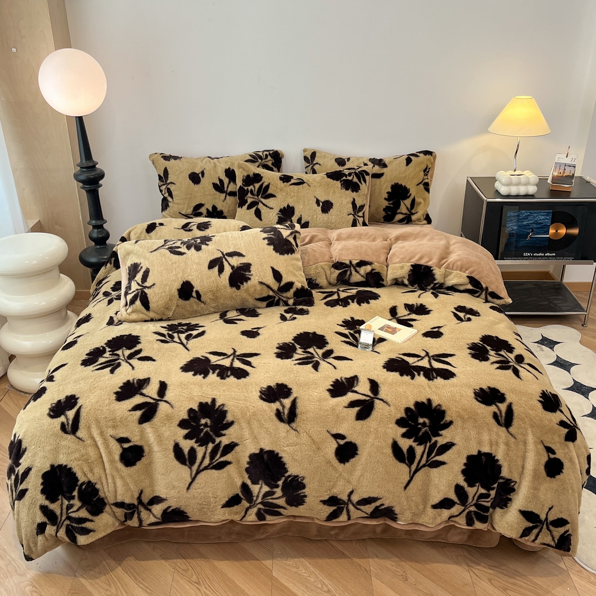 金爱家 2025新款全消光牛奶绒A类赫本风纯色獭兔毛绒立体牛奶绒四件套 兔毛-花朵棕色