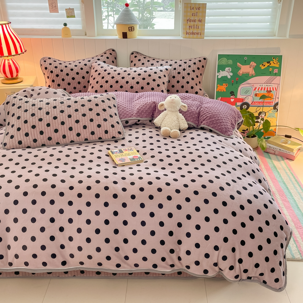 91家纺网 家纺一手货源 找家纺 贝扬思家纺 2025新款高克重牛奶绒豆豆被套床盖四件套-悦心系列 悦心-紫珍珠