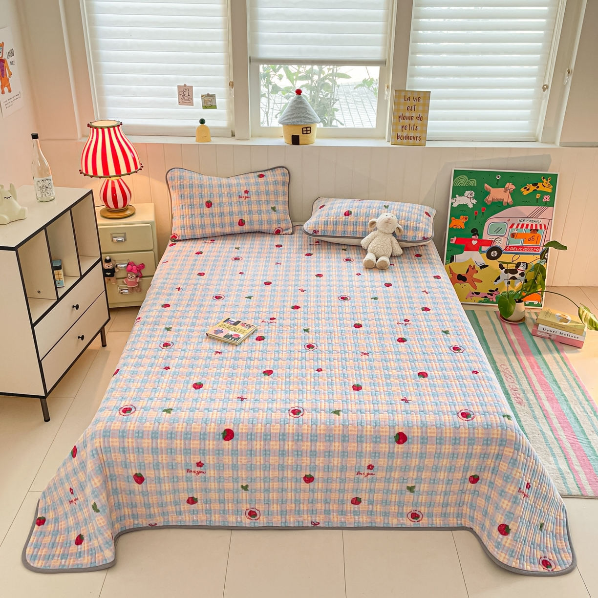 91家纺网 家纺一手货源 找家纺 贝扬思家纺 2025新款高克重牛奶绒豆豆被套床盖四件套-悦心系列 悦心-草莓软心