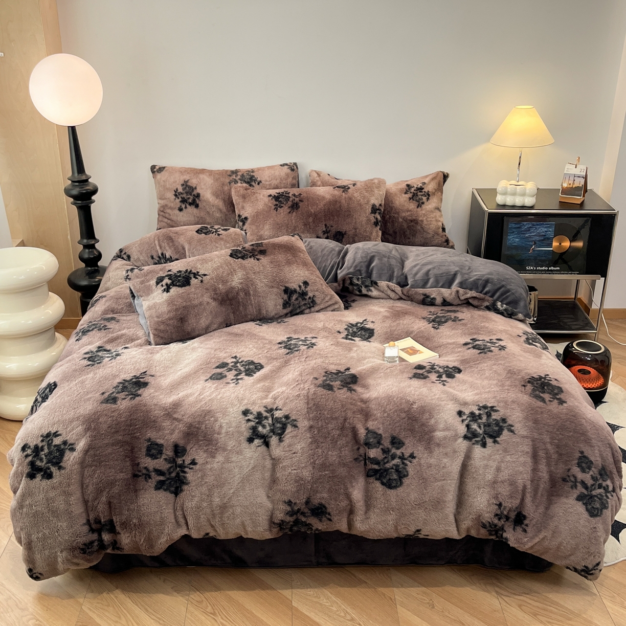 金爱家 2025新款全消光牛奶绒A类赫本风纯色獭兔毛绒立体牛奶绒四件套 兔毛-花语灰色