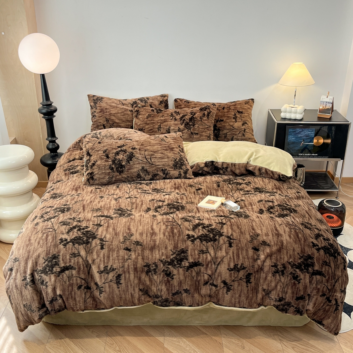 金爱家 2025新款全消光牛奶绒A类赫本风纯色獭兔毛绒立体牛奶绒四件套 兔毛-树枝棕色