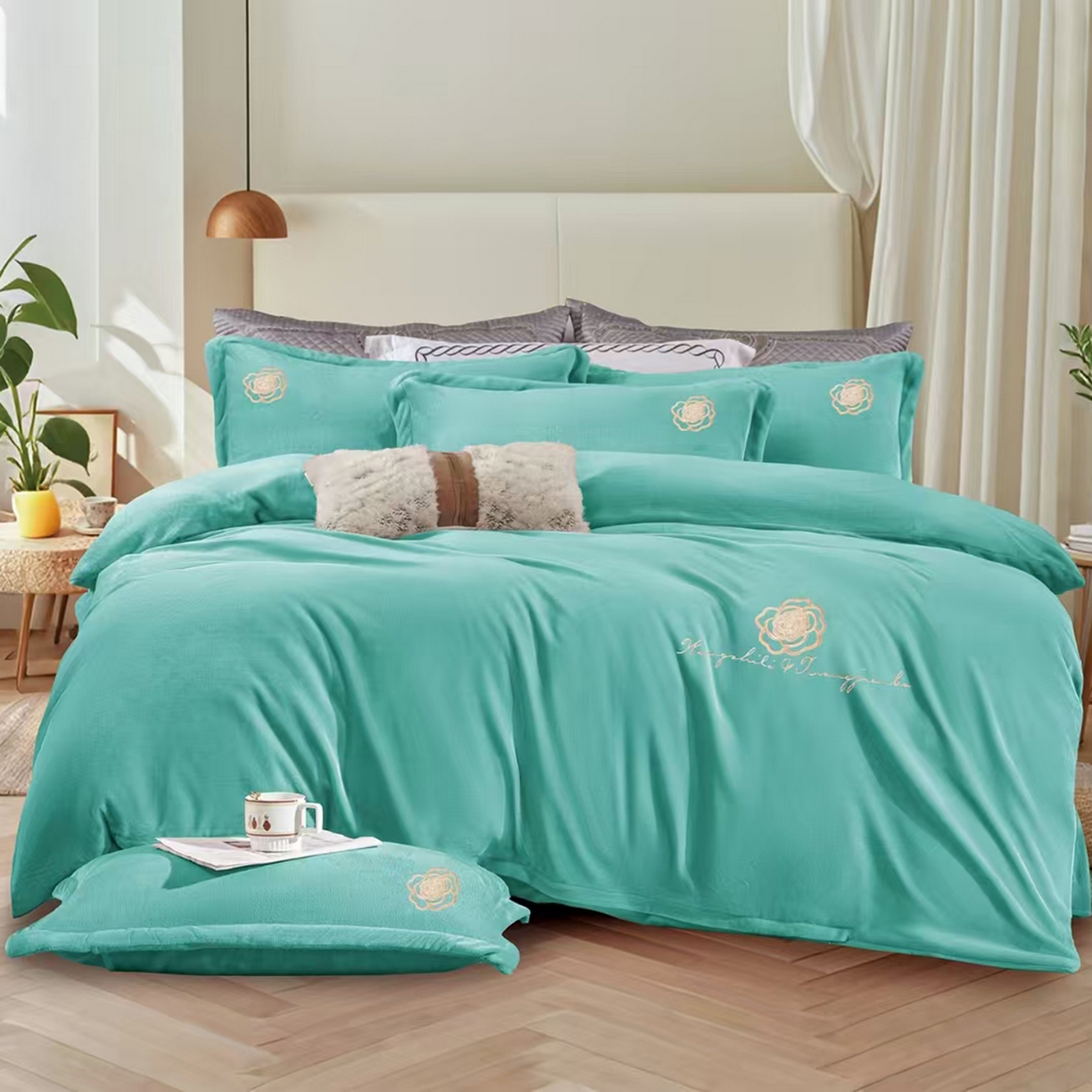 小叮当家纺仓储工厂店 2025新款亲肤舒适加厚刺绣款牛奶绒四件套 绿色