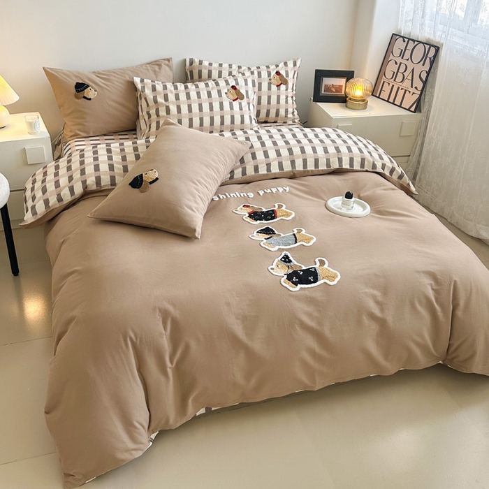 如意朵 2025新款全棉纯棉磨毛绣花四件套-风格一 复古小狗