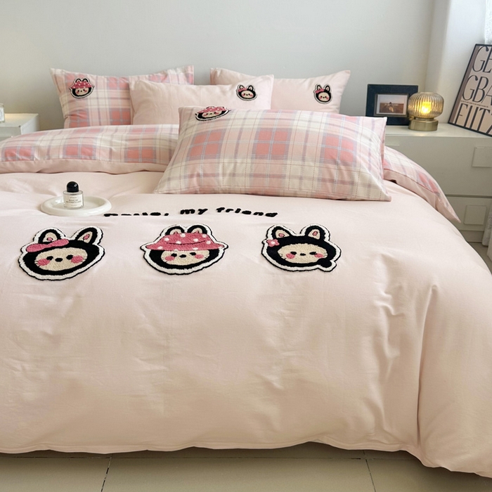 91家纺网 家纺一手货源 找家纺 如意朵 2025新款全棉纯棉磨毛绣花四件套-风格一 萌布布粉