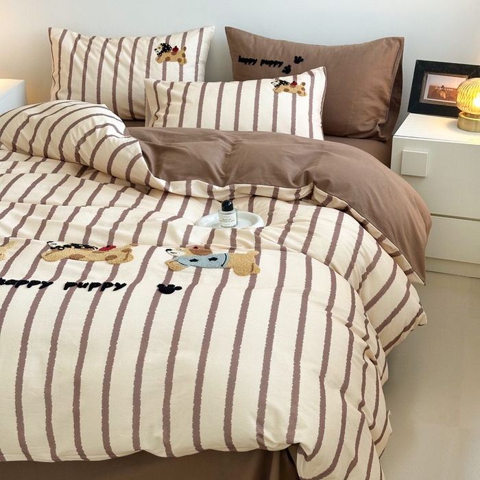 91家纺网 家纺一手货源 找家纺 如意朵 2025新款全棉纯棉磨毛绣花四件套-风格一 快乐小狗