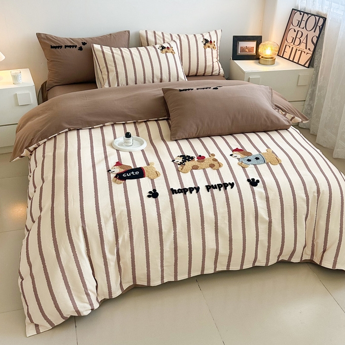 91家纺网 家纺一手货源 找家纺 如意朵 2025新款全棉纯棉磨毛绣花四件套-风格一 快乐小狗