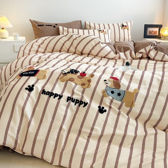 91家纺网 家纺一手货源 找家纺 如意朵 2025新款全棉纯棉磨毛绣花四件套-风格一 快乐小狗