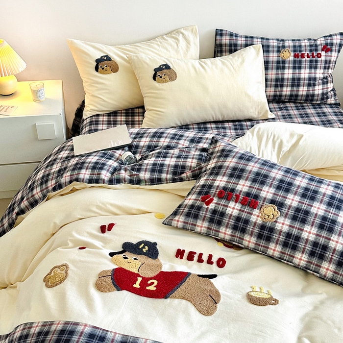 91家纺网 家纺一手货源 找家纺 如意朵 2025新款全棉纯棉磨毛绣花四件套-风格一 运动小狗