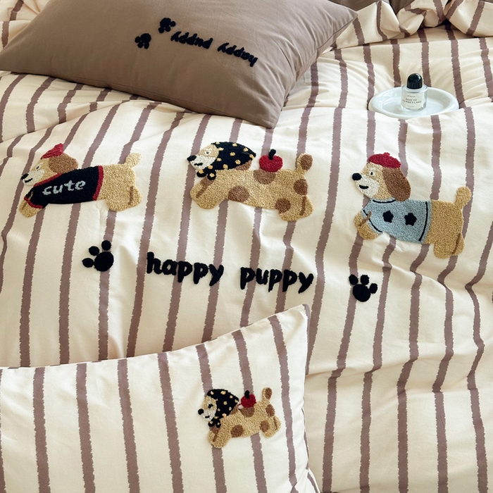 91家纺网 家纺一手货源 找家纺 如意朵 2025新款全棉纯棉磨毛绣花四件套-风格一 快乐小狗