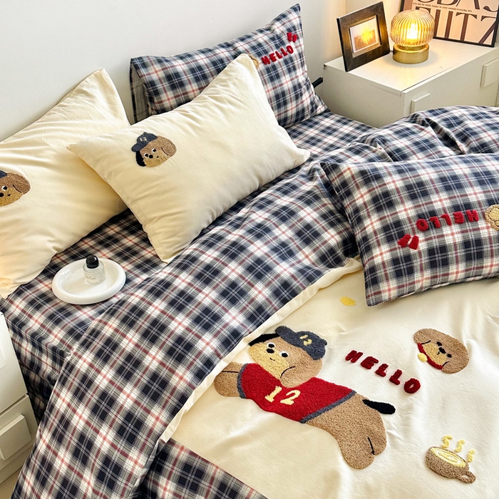 91家纺网 家纺一手货源 找家纺 如意朵 2025新款全棉纯棉磨毛绣花四件套-风格一 运动小狗