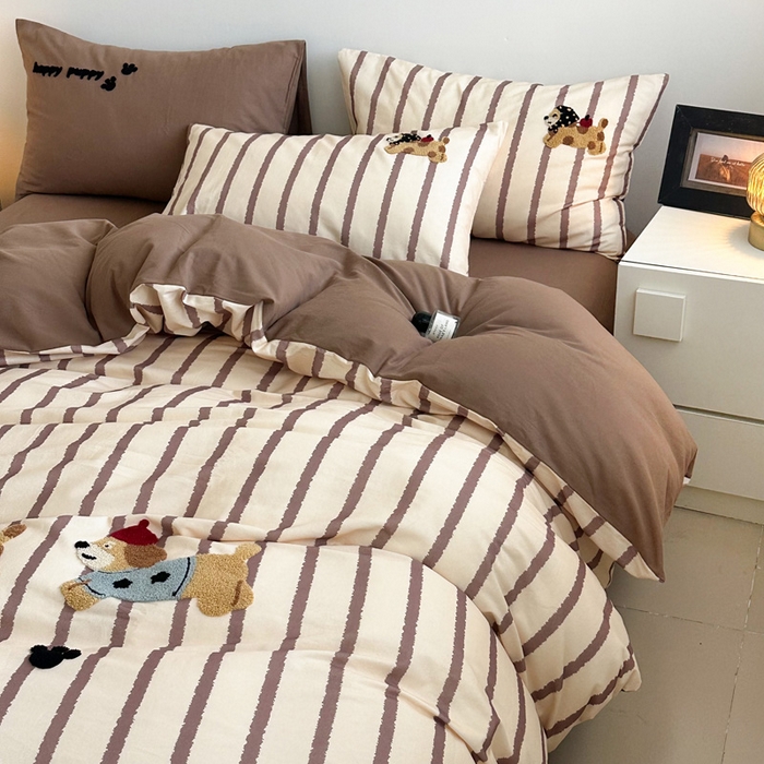 91家纺网 家纺一手货源 找家纺 如意朵 2025新款全棉纯棉磨毛绣花四件套-风格一 快乐小狗