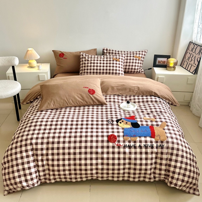 如意朵 2025新款全棉纯棉磨毛绣花四件套-风格一 毛线小狗