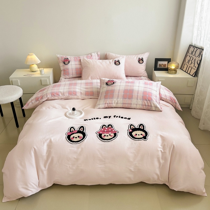 如意朵 2025新款全棉纯棉磨毛绣花四件套-风格一 萌布布粉