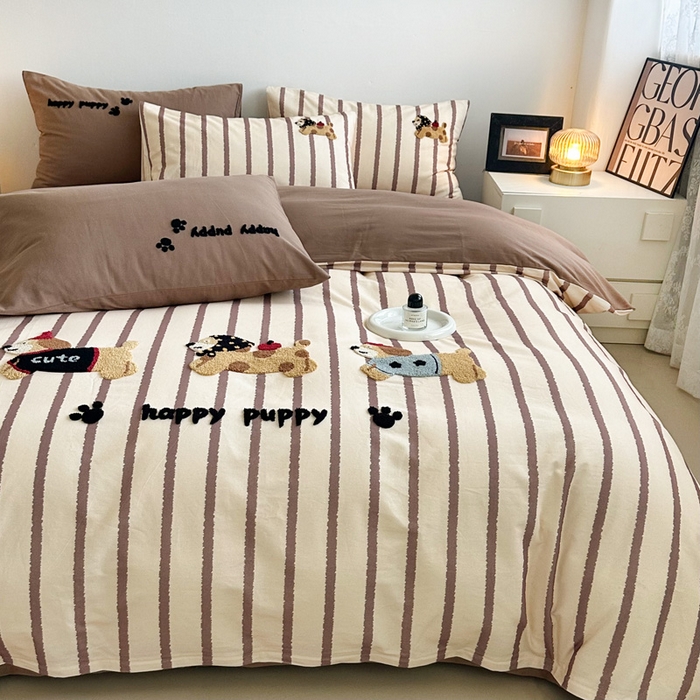 91家纺网 家纺一手货源 找家纺 如意朵 2025新款全棉纯棉磨毛绣花四件套-风格一 快乐小狗