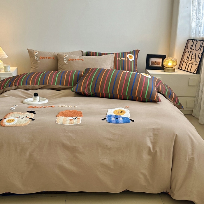 91家纺网 家纺一手货源 找家纺 如意朵 2025新款全棉纯棉磨毛绣花四件套-风格一 美味吐司