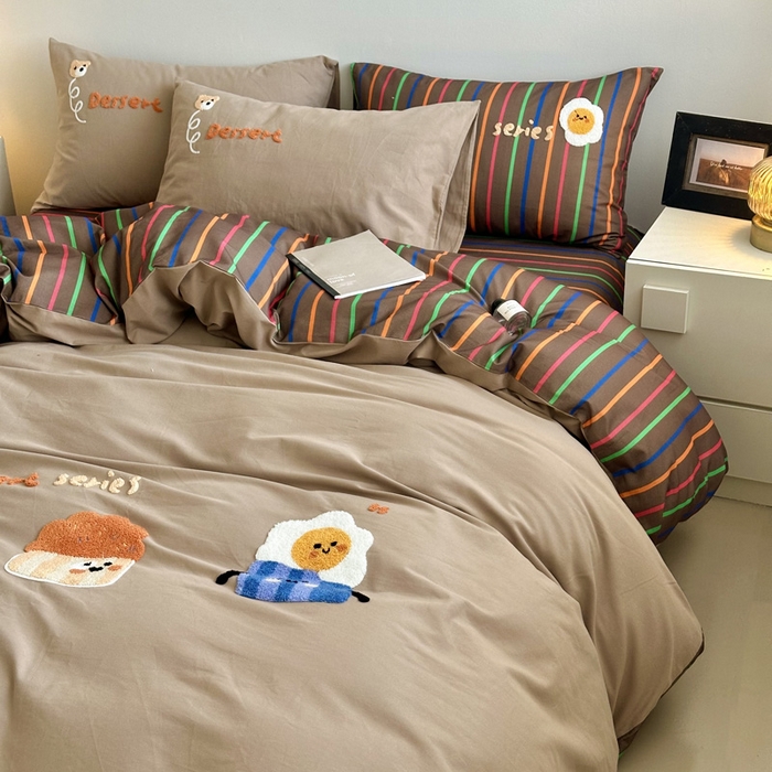 91家纺网 家纺一手货源 找家纺 如意朵 2025新款全棉纯棉磨毛绣花四件套-风格一 美味吐司