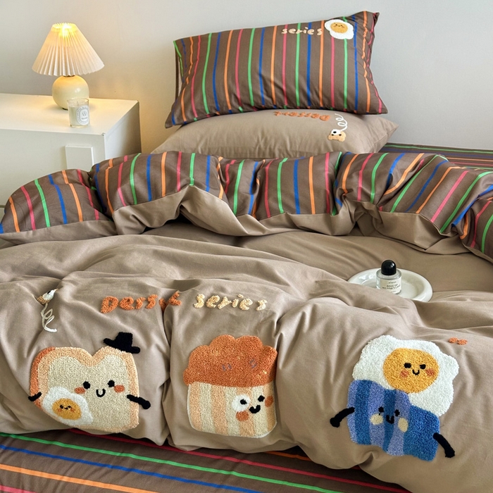 91家纺网 家纺一手货源 找家纺 如意朵 2025新款全棉纯棉磨毛绣花四件套-风格一 美味吐司