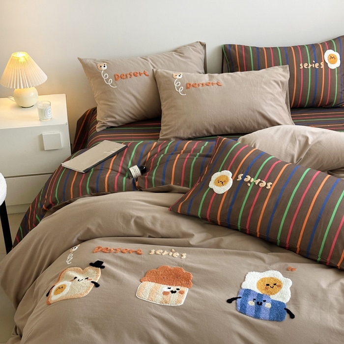 91家纺网 家纺一手货源 找家纺 如意朵 2025新款全棉纯棉磨毛绣花四件套-风格一 美味吐司