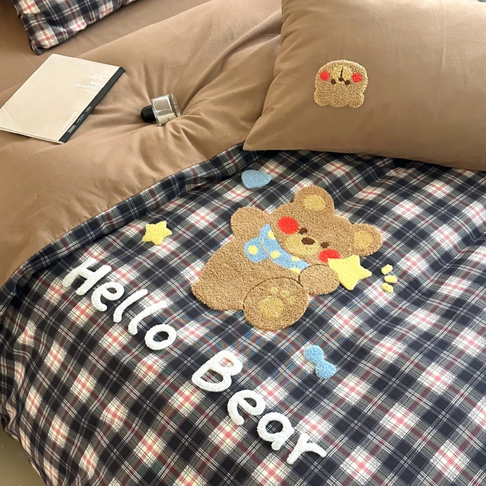 91家纺网 家纺一手货源 找家纺 如意朵 2025新款全棉纯棉磨毛绣花四件套-风格一 摘星熊