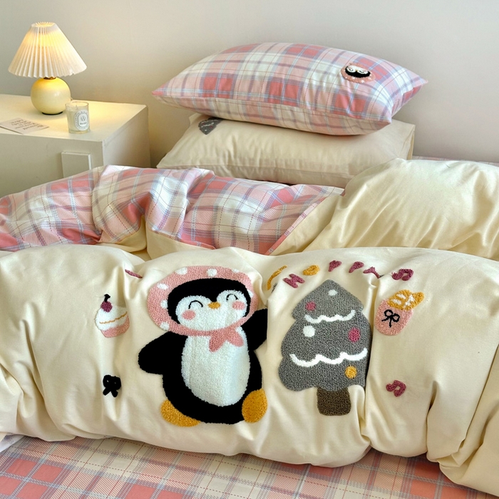 91家纺网 家纺一手货源 找家纺 如意朵 2025新款全棉纯棉磨毛绣花四件套-风格一 音乐企鹅