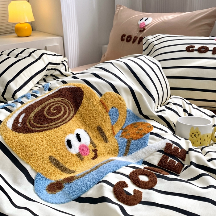 91家纺网 家纺一手货源 找家纺 如意朵 2025新款全棉纯棉小清新印花加绣花四件套 咖啡逗