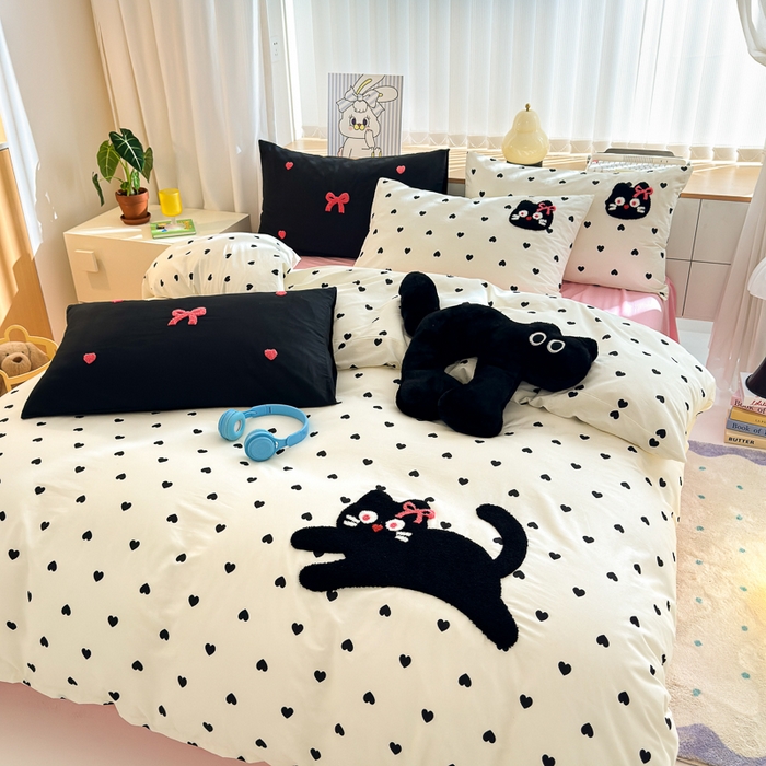 如意朵 2025新款全棉纯棉小清新印花加绣花四件套 嗨皮猫