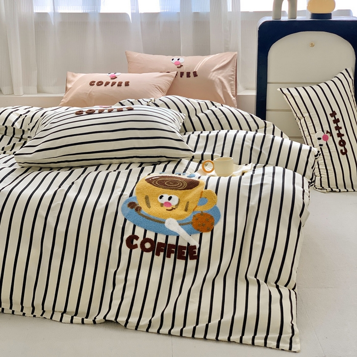 91家纺网 家纺一手货源 找家纺 如意朵 2025新款全棉纯棉小清新印花加绣花四件套 咖啡逗