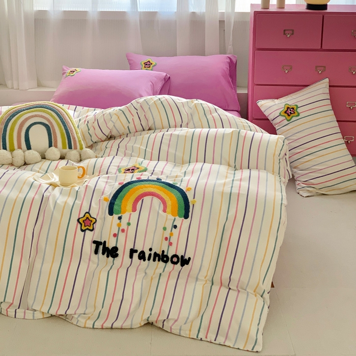 91家纺网 家纺一手货源 找家纺 如意朵 2025新款全棉纯棉小清新印花加绣花四件套 彩虹糖