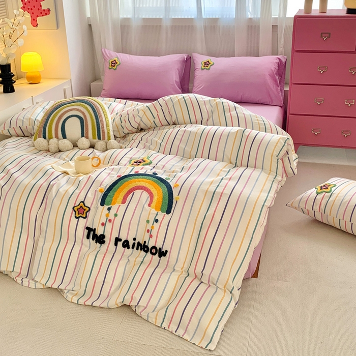 91家纺网 家纺一手货源 找家纺 如意朵 2025新款全棉纯棉小清新印花加绣花四件套 彩虹糖