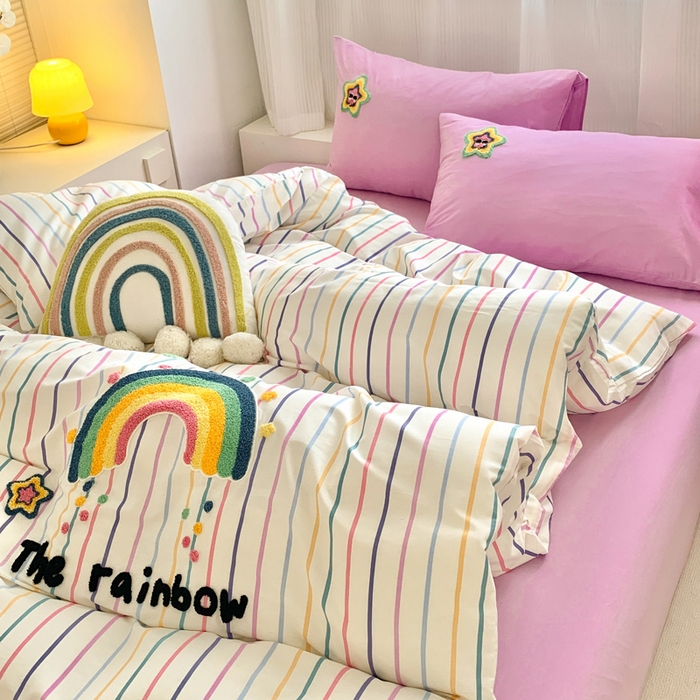 91家纺网 家纺一手货源 找家纺 如意朵 2025新款全棉纯棉小清新印花加绣花四件套 彩虹糖