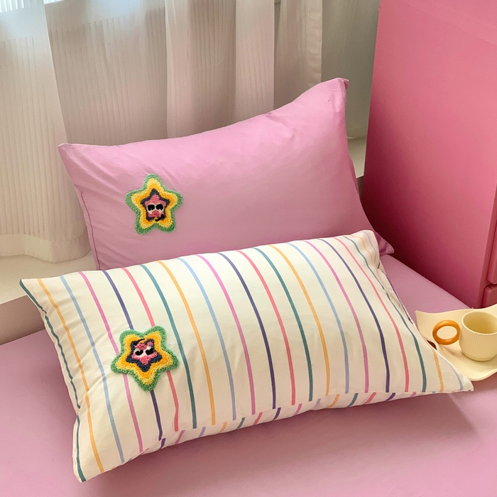 91家纺网 家纺一手货源 找家纺 如意朵 2025新款全棉纯棉小清新印花加绣花四件套 彩虹糖