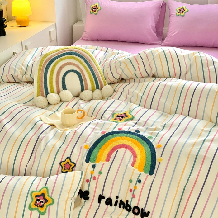 91家纺网 家纺一手货源 找家纺 如意朵 2025新款全棉纯棉小清新印花加绣花四件套 彩虹糖