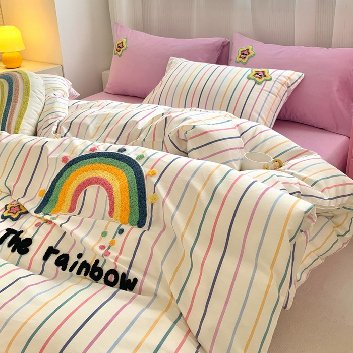 91家纺网 家纺一手货源 找家纺 如意朵 2025新款全棉纯棉小清新印花加绣花四件套 彩虹糖